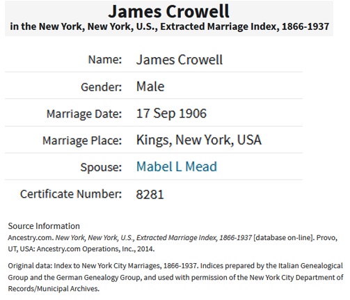 James Crowell and Mabel Mead Marriage Index