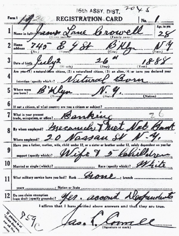 James Lane Crowell's World War I Draft Registration Card