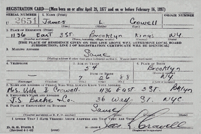 James Lane Crowell's World War II Draft Registration Card