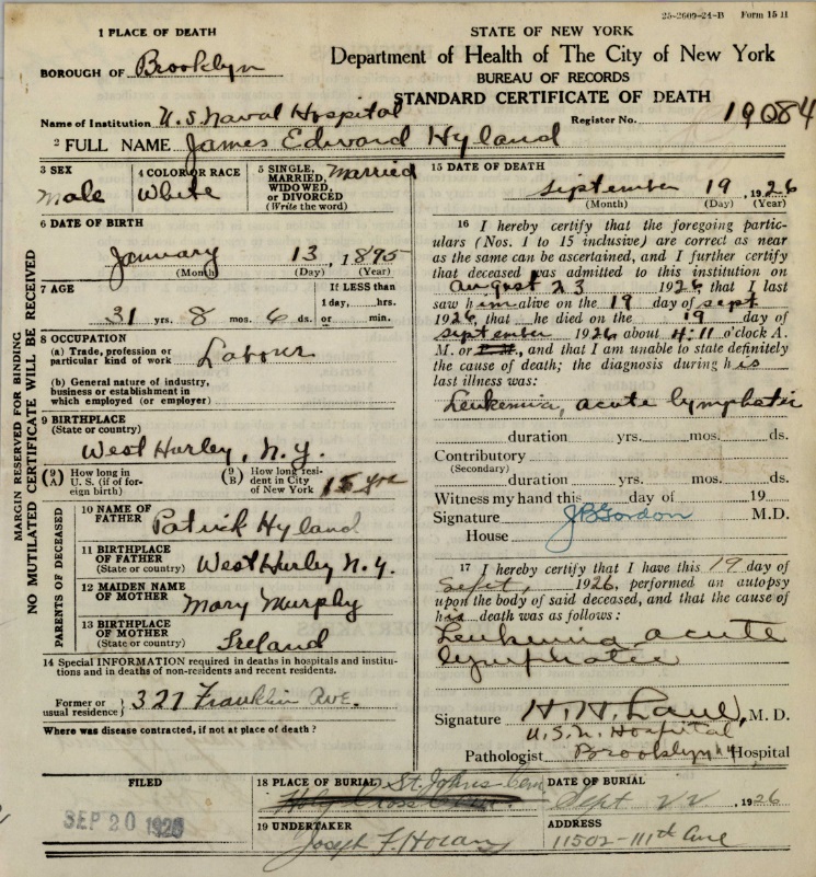 James Hyland Death Certificate