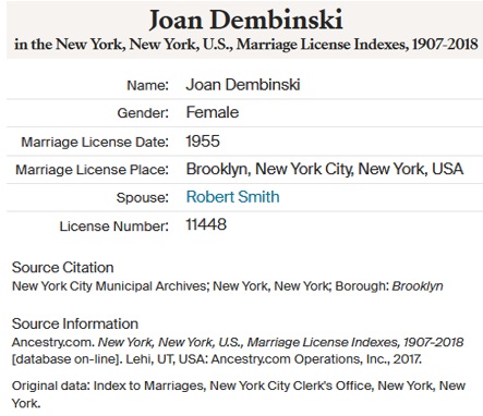 Joan Dembinski and Robert Smith Marriage