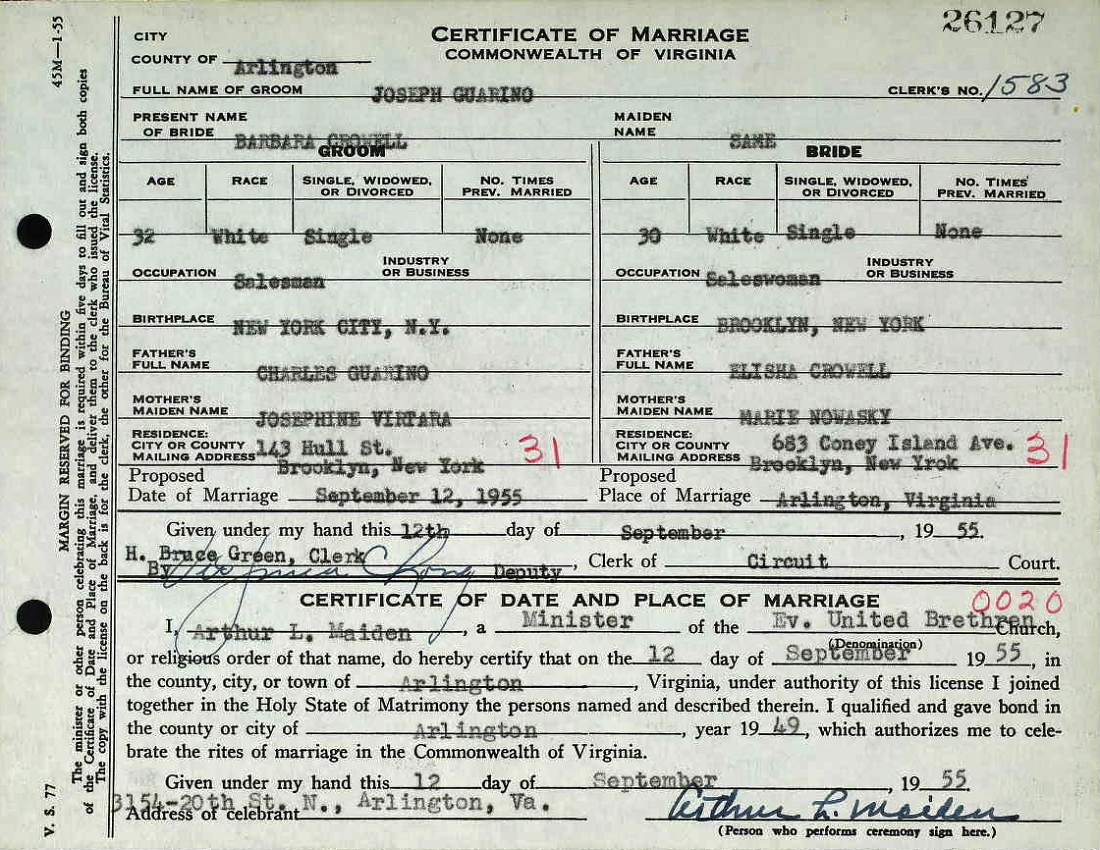 Certificate of Marriage for Joseph Guarino and Barbara Crowell