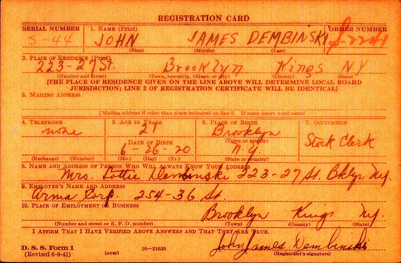 John J. Dembinski Jr. WW2 Draft Registration