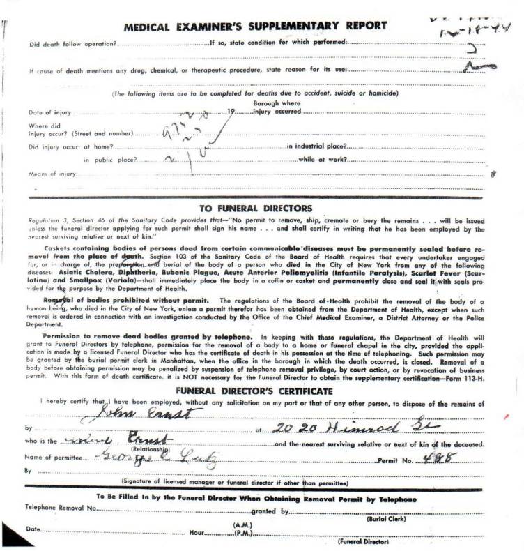 John Ernst's Certificate of Death