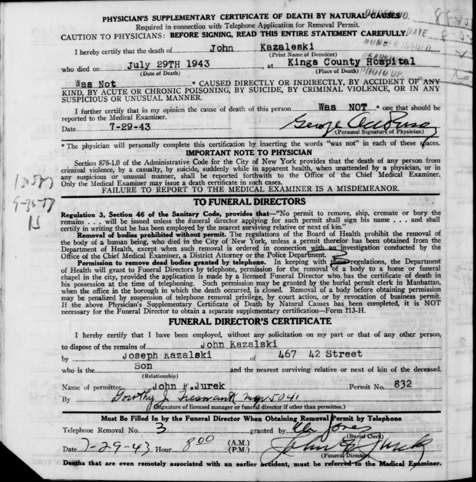 Johann James Kazalski Death Certificate
