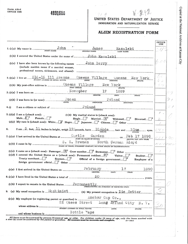 John J. Kazalski's Alien Registration Form Page 1