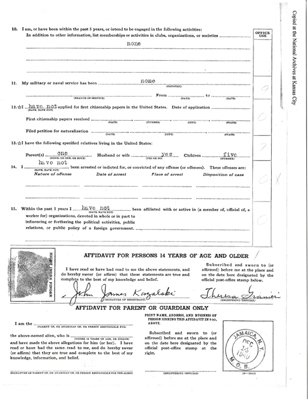 John J. Kazalski's Alien Registration Form Page 2