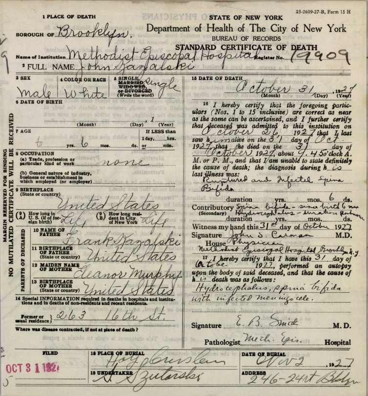 John Kazalski Death Certificate