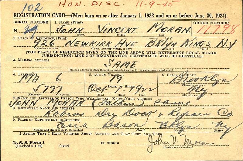 John V. Moran World War II Draft Registration