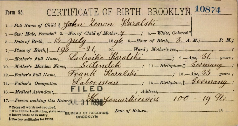 John Zenon Kazalski Birth Certificate