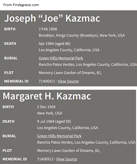Joseph Kazalski Kazmac Cemetery Record