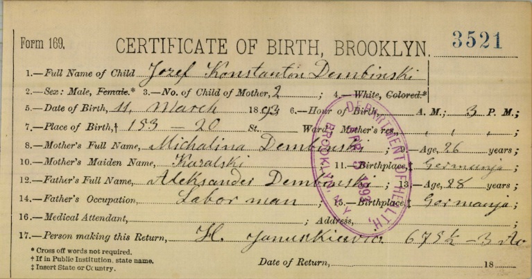 Joseph Dembinski Birth Certificate