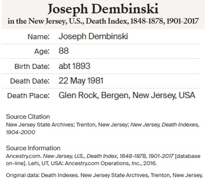 Joseph Dembinski Death Index