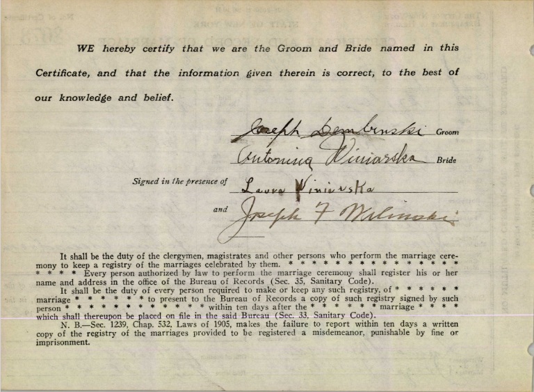 Joseph Dembinski and Antoinette Winiarski Marriage Certificate
