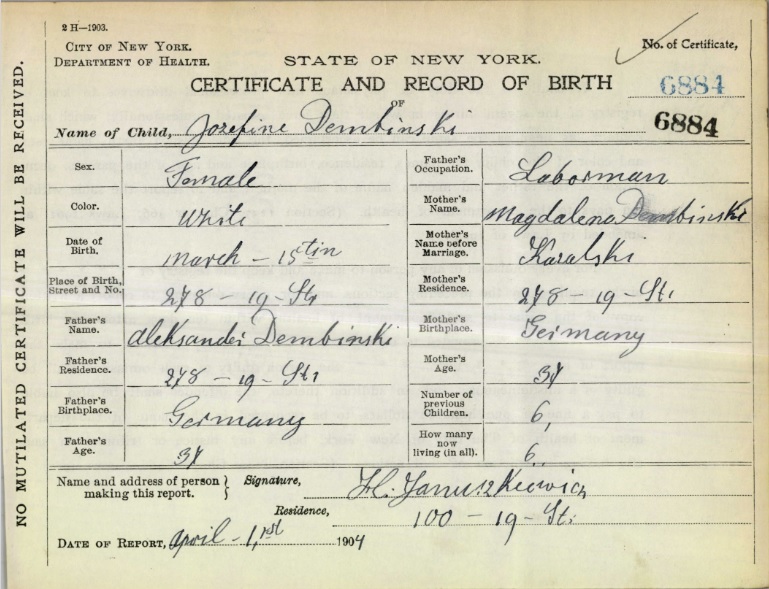 Josephine Dembinski Birth Certificate