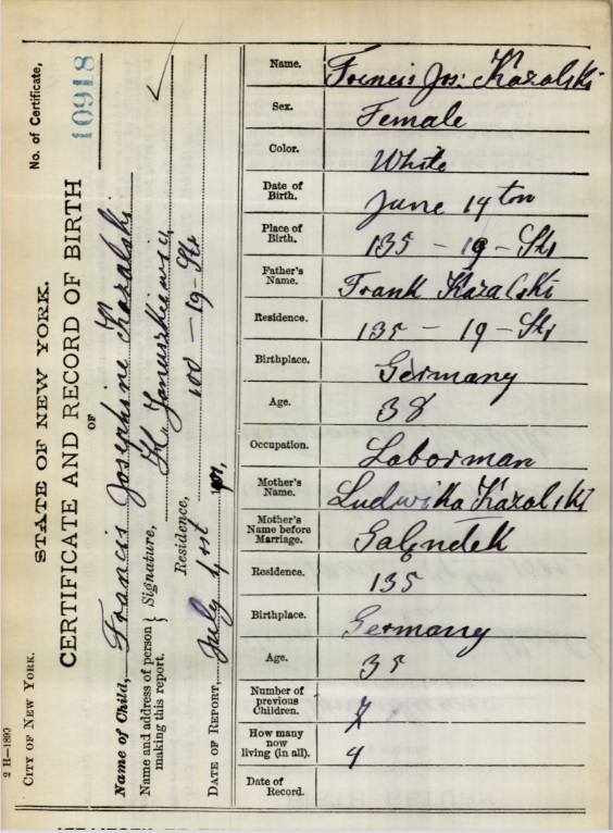 Josephine Kazalski Birth Certificate