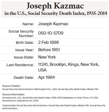 Joseph Kazmac (Kazalski) SSDI