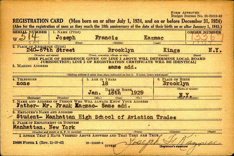 Joseph Kazmac (Kazalski) World War II Draft Registration