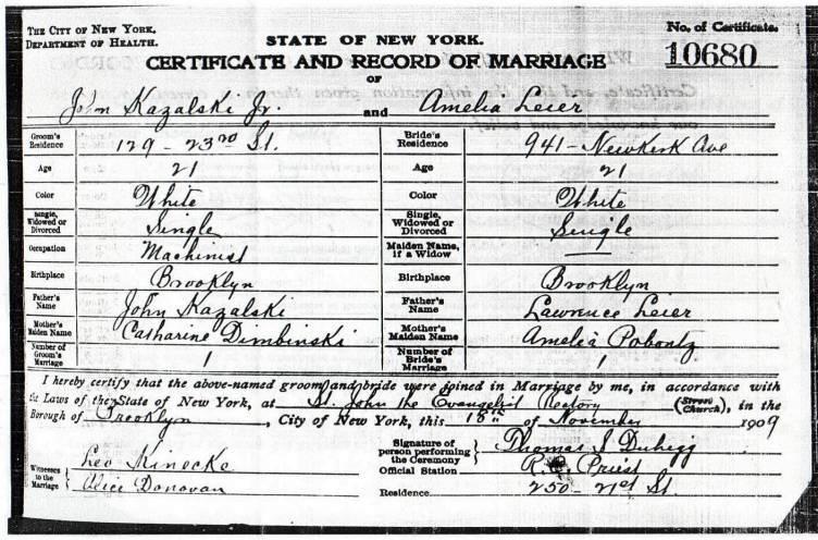 Certificate and Record of Marriage for John Kazalski, Jr. and Amelia Leier