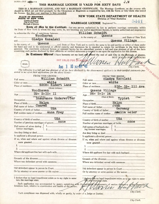 Gladys Kazalski and William Schmidt Marriage Index