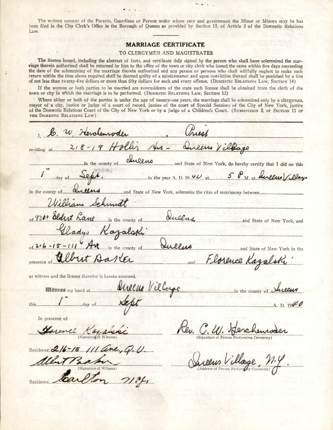 Gladys Kazalski and William Schmidt Marriage License