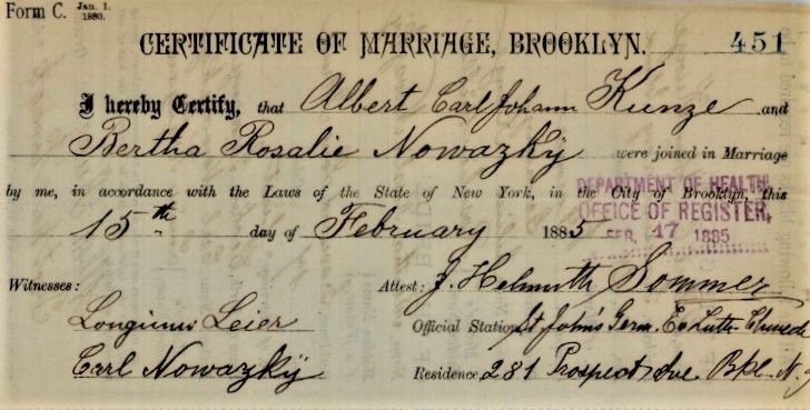 Certificate of Marriage for Albert Kuntze and Bertha Nowasky