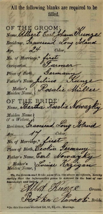 Certificate of Marriage for Albert Kuntze and Bertha Nowasky