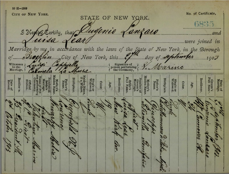 Certificate of Marriage for Ciro (Eugene) Lanzaro and Louisa Leier