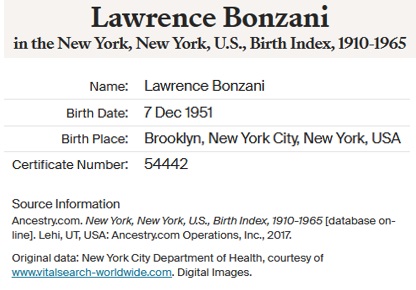 Lawrence Peter Bonzani Birth Index
