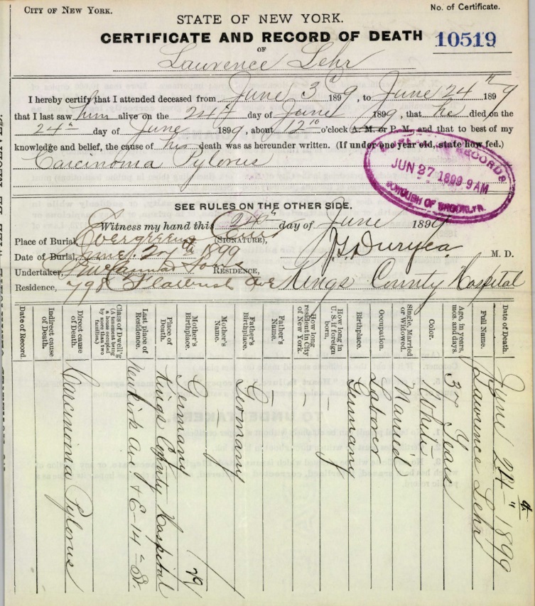 Lawrence Leier's Certificate and Record of Death