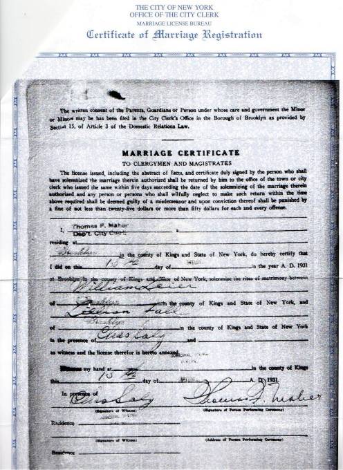 Certificate of Marriage Registration for William Leier and Lillian Fall
