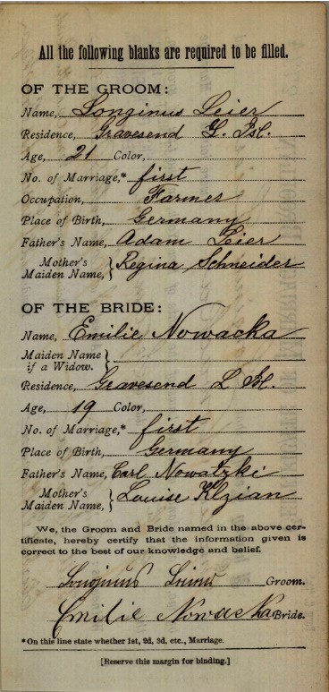 Certificate of Marriage for Lawrence Leier and Amelia Nowasky