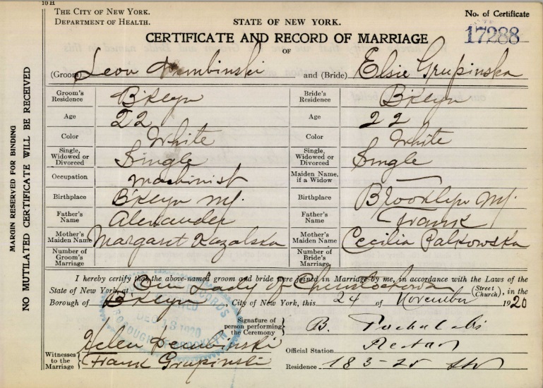 Leon Dembinski and Elsie Grupinska Marriage Certificate