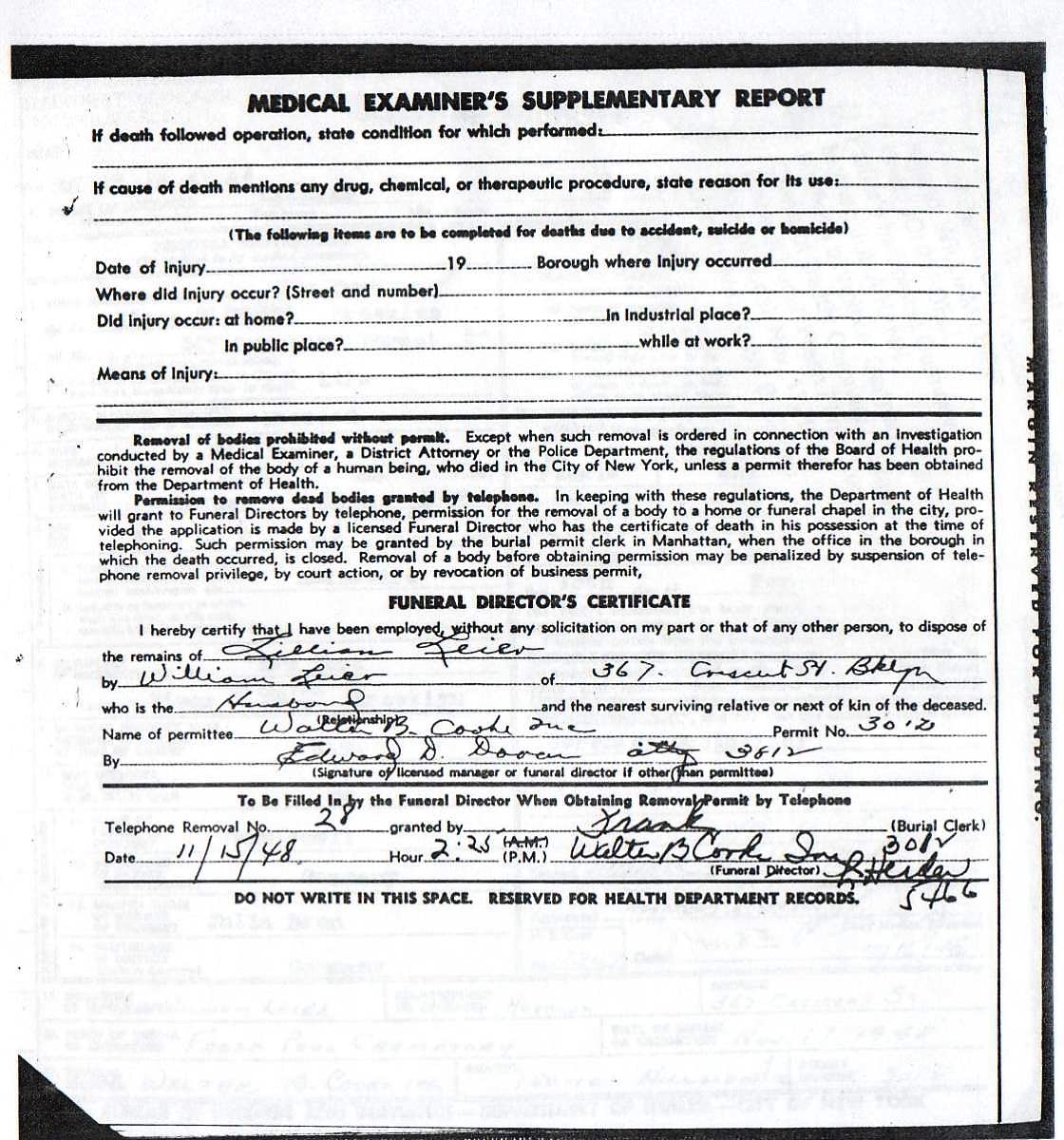 Lillian Fall Leier's Certificate of Death
