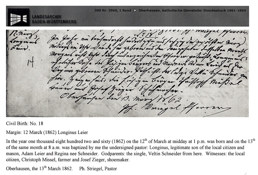 Longinus Leier's Birth Record