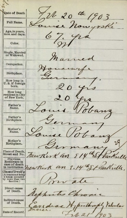 Louise Pubanz Nowasky's Certificate and Record of Death