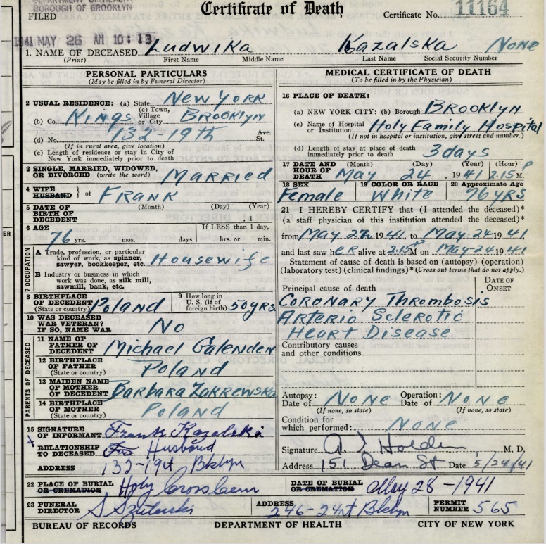 Ludwicka Kazalski Death Certificate
