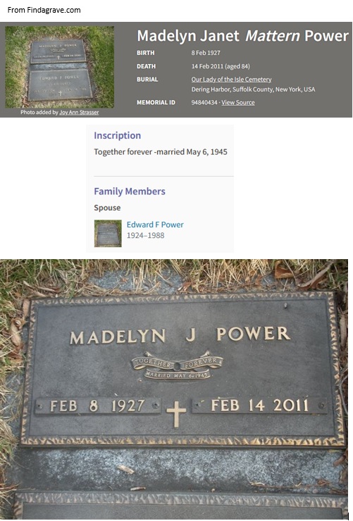 Madelyn Mattern Power Cemetery Record