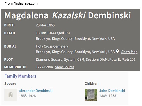 Magdalena Kazalski Dembinski Cemetery Certificate