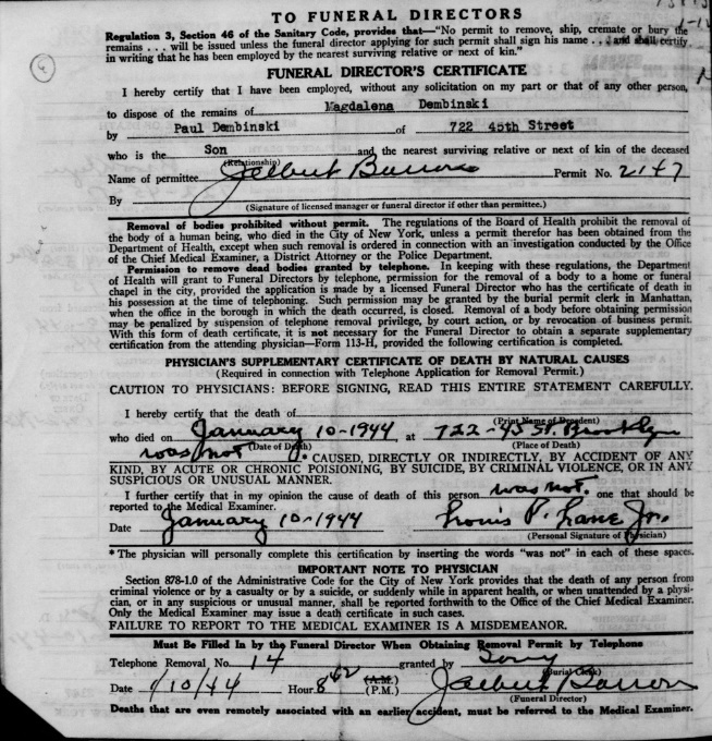 Magdalena Kazalski Dembinski Death Certificate