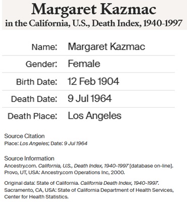Margaret Kazmac Death Index