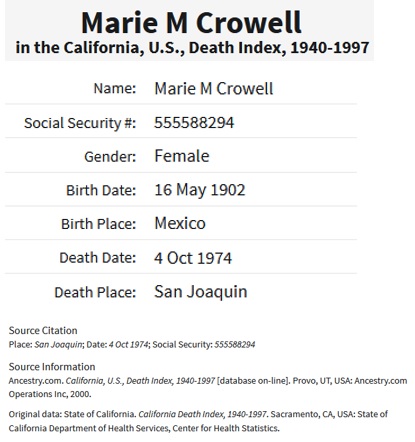 Marie Magdalena Schaffer Crowell Death Index