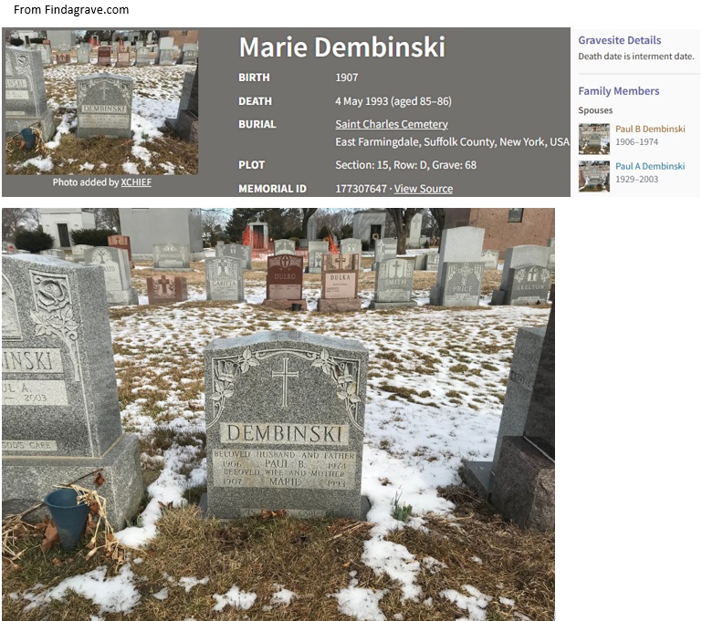 Marie Younker Dembinski Cemetery Record