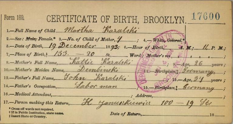 Martha Kazalski's Birth Certificate