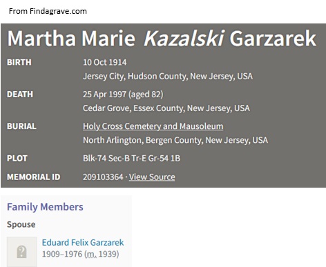 Martha Kazalski Garzarek Cemetery Record
