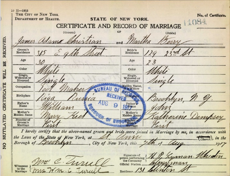 Martha Kazalski and James Christian Marriage Certificate