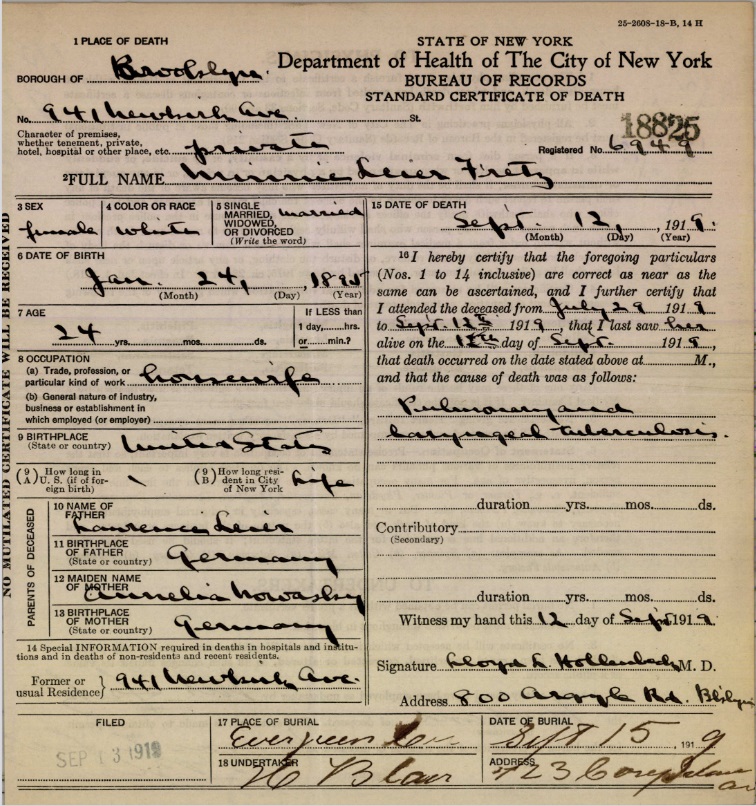 Minnie Leier Fretz's Certificate of Death