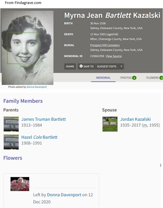 Myrna Jean Bartlett Kazalski Cemetery Record