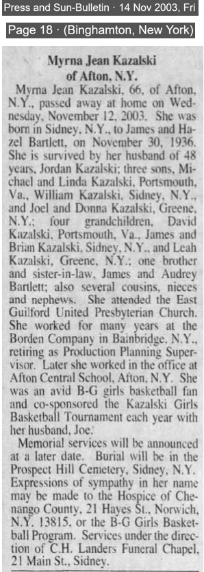Myrna Jean Bartlett Kazalski Obituary