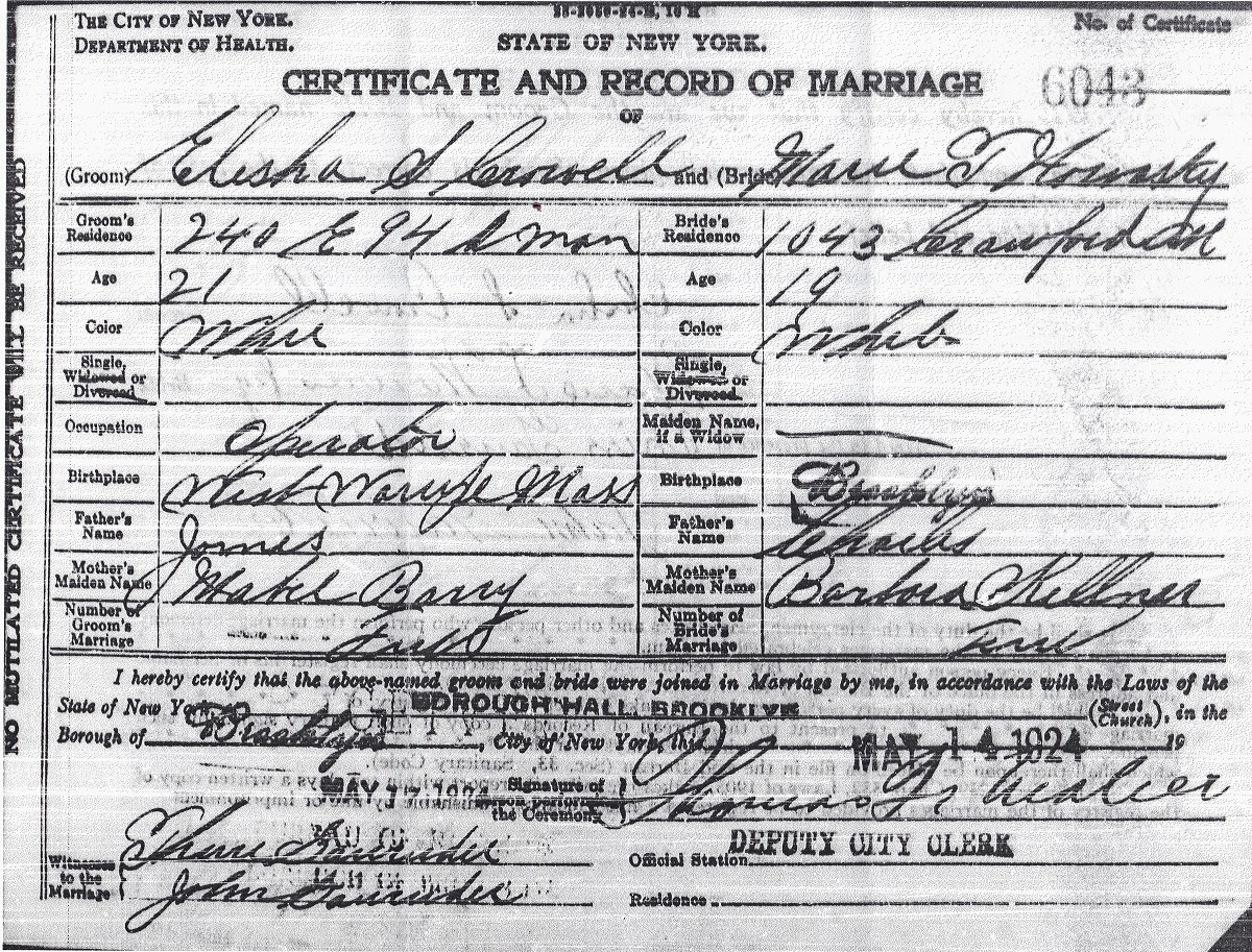 Marie Nowasky and Elisha Crowell Marriage Certificate